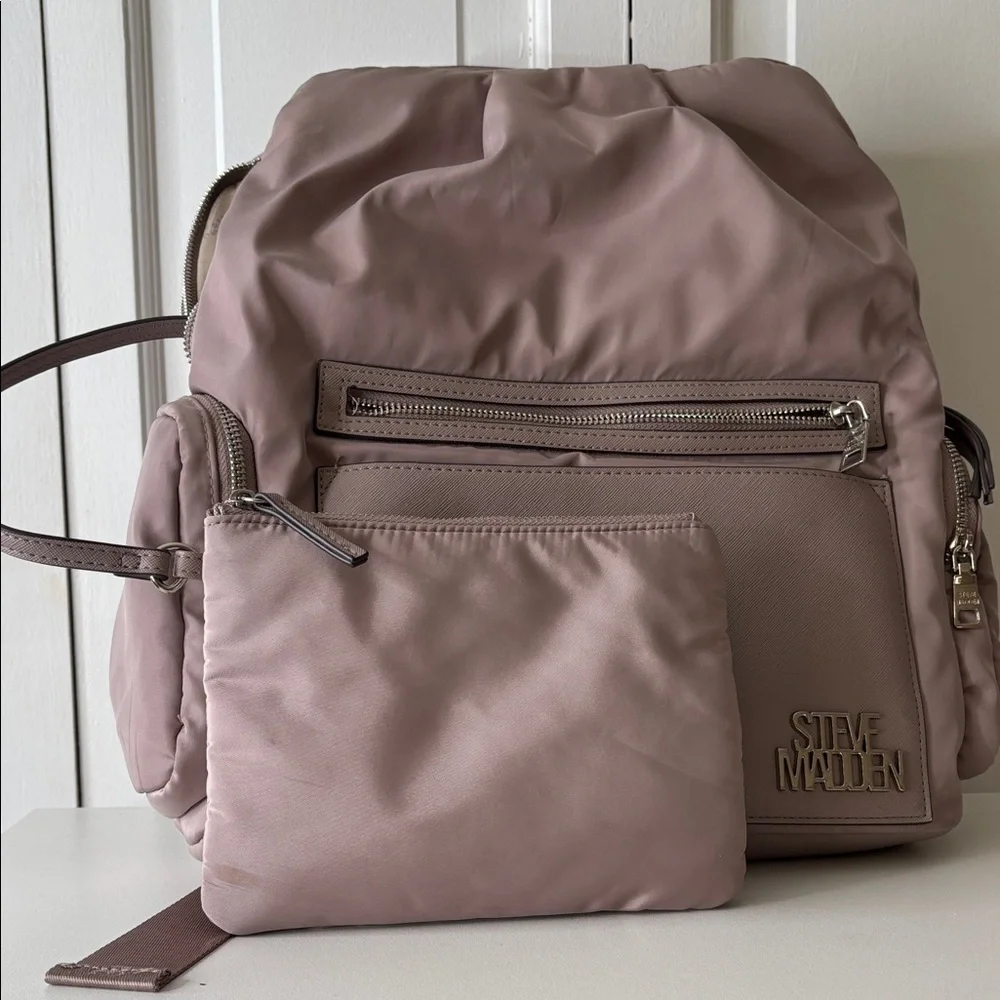 Steve Madden Tan Nylon Backpack with laptop pocket and detachable cosmetic bag